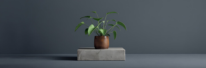 Minimalist green plant in brown pot on grey platform  showcasing modern interior design and a serene atmosphere   