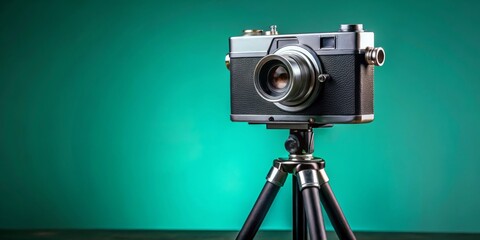 Vintage Camera on Tripod Against Teal Background, photography , equipment