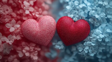 Obraz premium Two heart-shaped objects surrounded by red and blue flowers, symbolizing love and harmony.