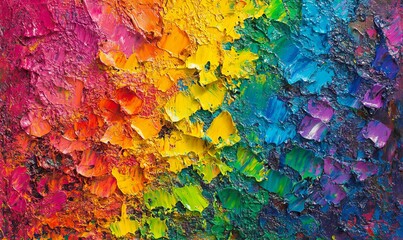 Vibrant and dynamic, this abstract painting boasts a rough texture and an explosion of multicolored rainbow hues