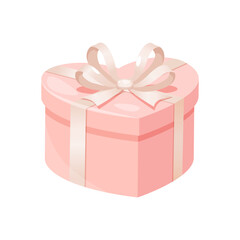 Vector illustration of heart gift box in pink color with beige ribbon isolated on white background.