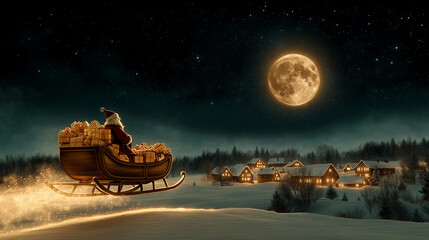 Naklejka premium A photo-realistic, high-quality detailed image of Santa on his sleigh flying over a snow-covered village at night. The angled view captures Santaâs sleigh in mid-air, with the rein