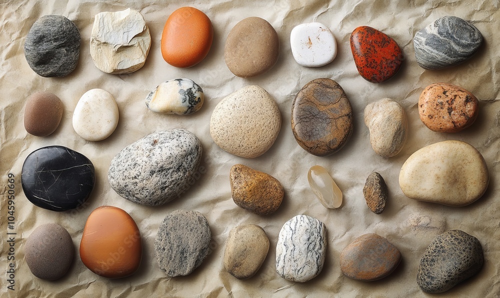 Poster unique collection of pebble-like shapes in earthy tones scattered on textured paper for artistic dis