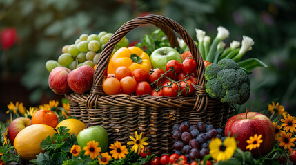 Fall harvest in a wicker basket. Vegetables and fruits ready for healthy eating.