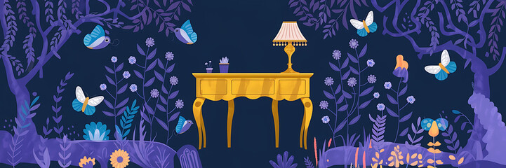 Fototapeta premium Golden table with lamp in a magical purple forest with blue butterflies Springtime fantasy 