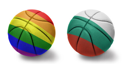 basketball balls with the rainbow gay pride flag and flag of bulgaria on the white background.