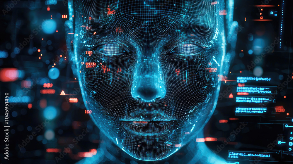 Poster facial recognition technology, human face with digital data on computer screen or 3d scanner. concep