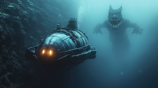 Scary sea monster and research bathyscaphe underwater in deep water, prehistoric marine predator hunts in ocean. Concept of horror, fantasy, vehicle, lost