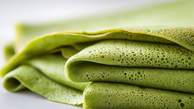 Stacked green crepes displaying matcha texture against a white background, showcasing their elegant shape and vibrant color