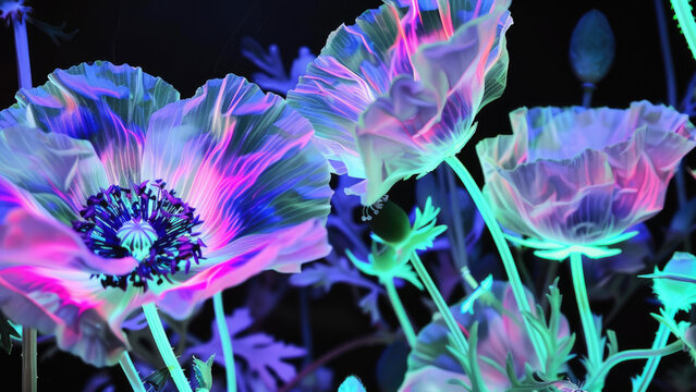 Fototapeta Neon-lit flowers glowing under ultraviolet light
