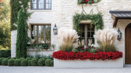 A stylish black house features three large windows with sleek frames, complemented by window boxes...