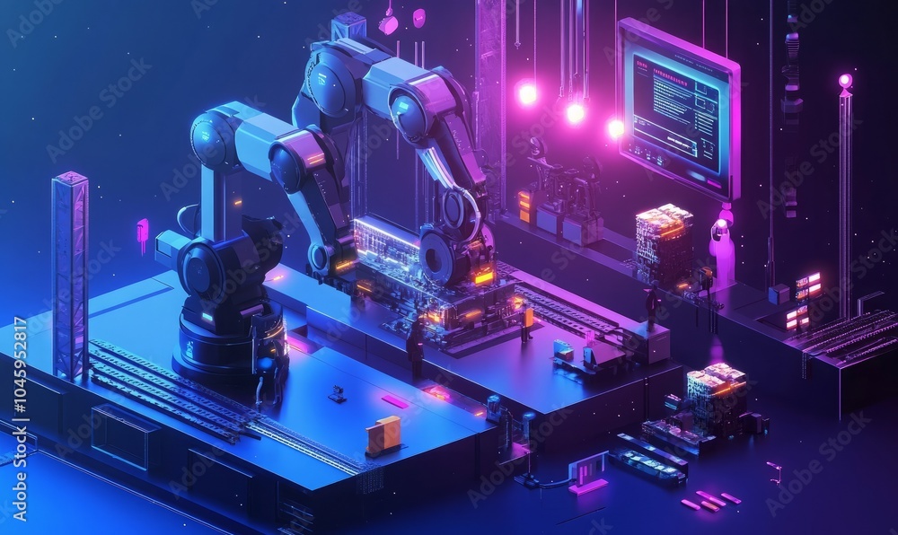Poster smart factory, computer-aided manufacturing robot automated teamwork chatbot future process futurist
