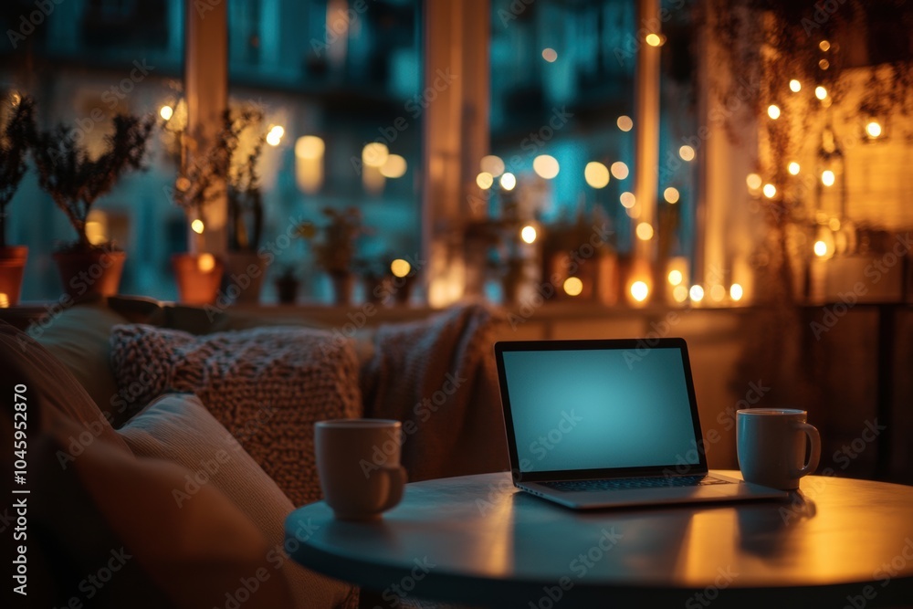 Aufkleber during a serene evening, a laptop sits on a table with two steaming coffee mugs, illuminated by soft