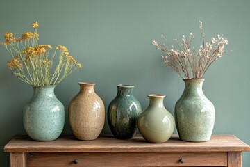 home decor inspiration, earthy vases on rustic sideboard against olive-green wall offer space for decor inspiration