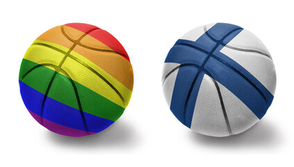 Fototapeta premium basketball balls with the rainbow gay pride flag and flag of finland on the white background.