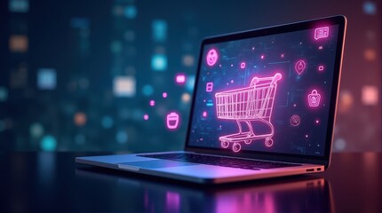 Laptop displaying holographic neon shopping icons representing e-commerce and digital retail innovation against a blurred cityscape background.