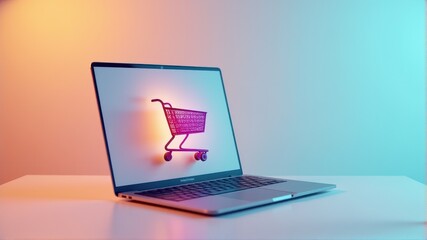 A laptop displays a digital shopping cart, blending technology and e-commerce against a vibrant gradient backdrop.