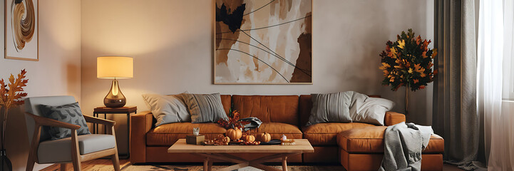Cozy living room with brown leather sofa and warm autumn decor  perfect for a relaxing evening   