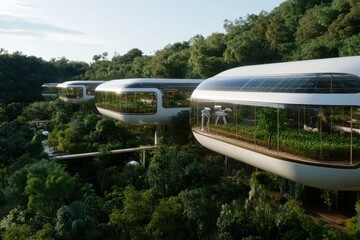 Floating futuristic pods integrated with lush greenery, utilizing advanced technology for sustainable agriculture in a forest setting, showcasing harmony between nature and innovation.