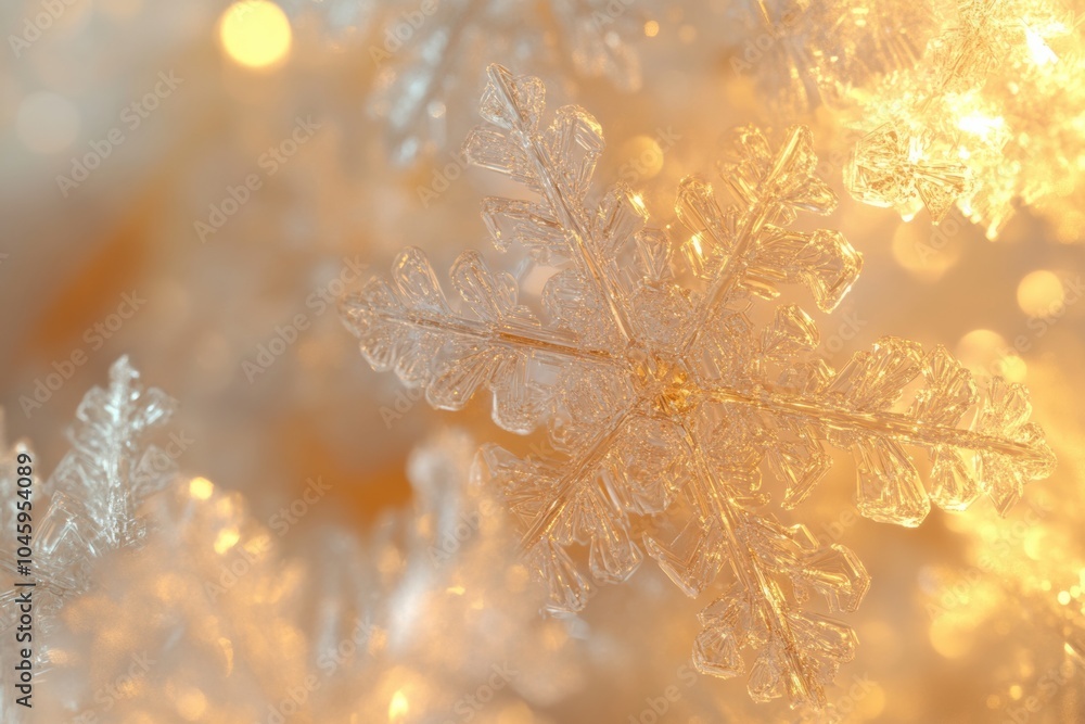 Poster intricate snowflake shapes glow in icy shades, illuminated by warm light, creating a magical winter 