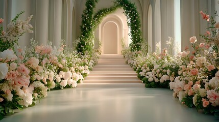 Garden-themed wedding stage with cascading greenery A lush wedding stage is framed by a wall of cascading greenery, mixed with soft pastel flowers like hydrangeas and peonies.