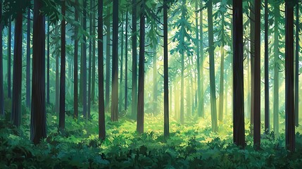 Fototapeta premium A painting of a lush forest filled with an array of green foliage, punctuated by majestic trees, bathed in warm sunlight filtering through the canopy