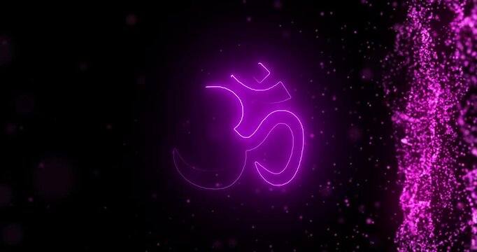Energy, frequency and spiritual with symbol for Hinduism, traditional religion and mantra for connection. Black background, pattern and animation with illustration for faith and hologram particles