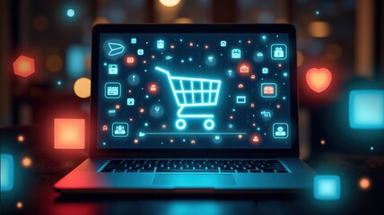 Obraz premium Laptop displaying a glowing digital shopping cart surrounded by virtual icons, symbolizing e-commerce and online shopping in a futuristic style.