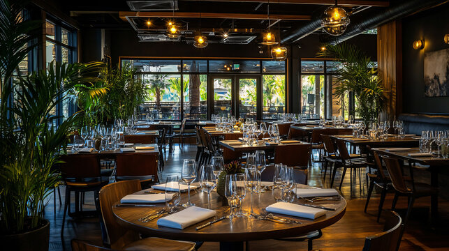 Elegant corporate event venue with sophisticated table settings and ambient lighting