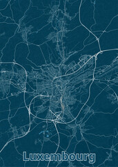 A detailed map of Luxembourg City, rendered in a minimalist style. The city's streets and roads are depicted in white lines against a deep blue background.