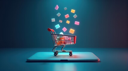 A shopping cart filled with colorful cubes sits on a tablet, symbolizing digital shopping and e-commerce innovation.