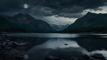 Mountain landscape by a lake under a dark, cloudy night sky, with the full moon illuminating the scene and its reflection on the water, creating a serene nature backdrop