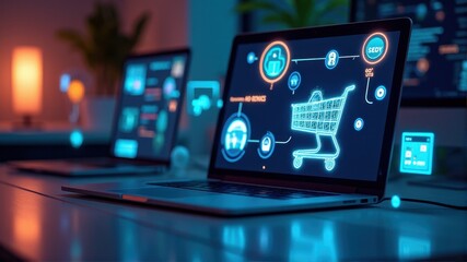 A laptop on a desk displays a glowing futuristic shopping cart and digital interface, symbolizing online retail technology and e-commerce innovation.