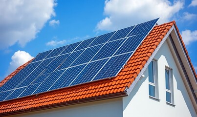 Solar panels on the gable roof of a beautiful modern home