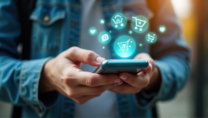 Close-up of hands holding a smartphone with glowing online shopping icons, highlighting digital commerce trends.