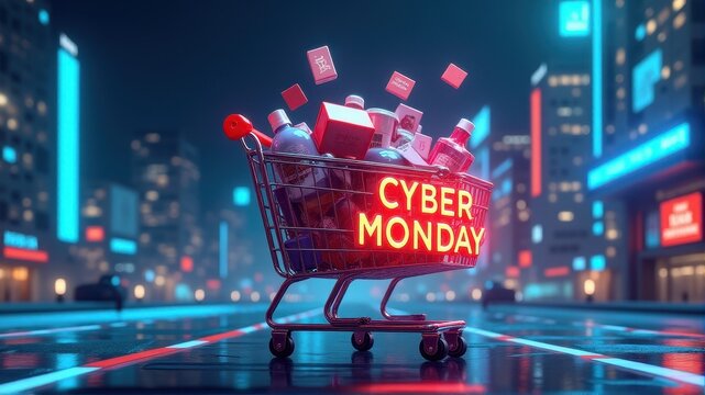 Shopping cart filled with gifts under neon lights for Cyber Monday sale in an urban setting, highlighting online shopping deals.