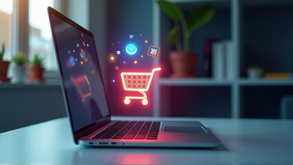 A laptop on a desk displays a glowing digital shopping cart icon, symbolizing e-commerce and online shopping in a modern home office setting.