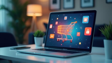 A laptop displaying a digital shopping cart icon surrounded by security and social media symbols on a desk.