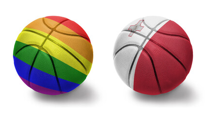 basketball balls with the rainbow gay pride flag and flag of malta on the white background.