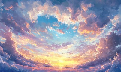 Fototapeta premium Sunset sky heaven with clouds and bridge