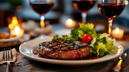 A delicious dinner of steak, salad, and red wine, beautifully arranged on a table with candlelight., Romantic Dinner for Two