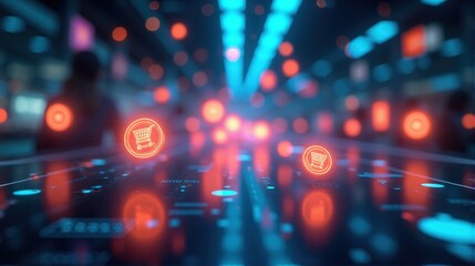 Obraz premium Futuristic digital interface with glowing shopping cart icons symbolizing online retail and e-commerce in a blurred cyber environment.
