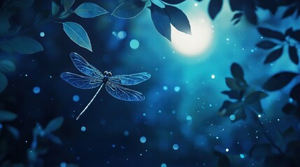   Blue dragonfly on leafy branch under full moon