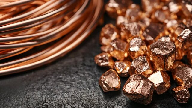 Copper wire and copper nuggets rest on a dark, textured surface