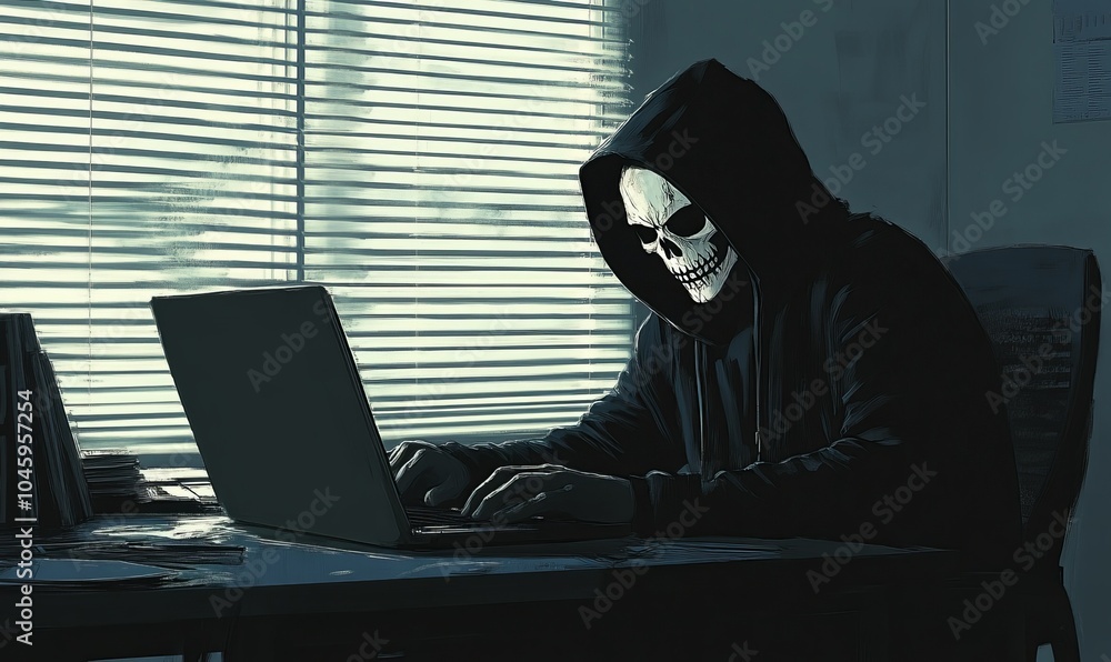 Poster silhouette of a hacker in a black hoodie and and white skull like facemask sitting at office table w
