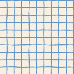 Acrylic ink doodle hand drawn plaid paper grid seamless vector pattern with squares, irregular painted check background with rough wavy lines