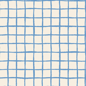 Acrylic ink doodle hand drawn plaid paper grid seamless vector pattern with squares, irregular painted check background with rough wavy lines