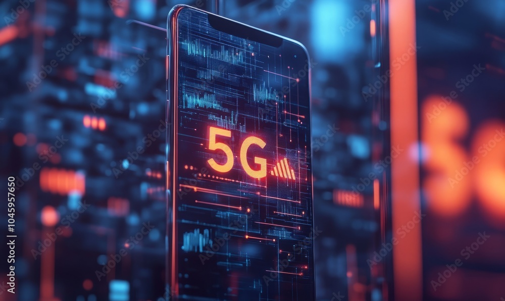 Poster smartphone showing 5g network connecting with futuristic data flow