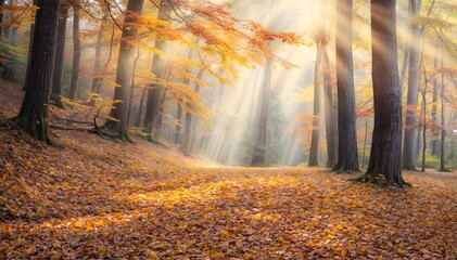 Obraz premium Background of falling leaves in an autumn forest.