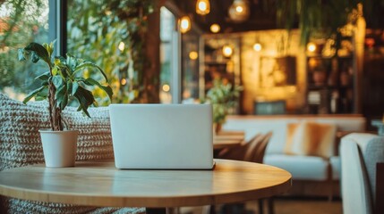 A laptop rests on a wooden table in a charming café, bathed in warm light and greenery, perfect for work or relaxation. Generative AI